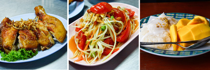 grilled chicken, raw papaya salad, mango & sticky rice | Canal tour in Bangkok | Bangkok Food Tours